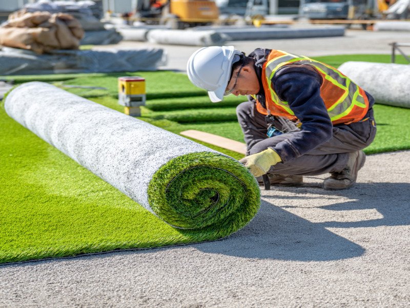 A quality control engineer inspecting the foam padding layer of an artificial turf installation with proper base preparation